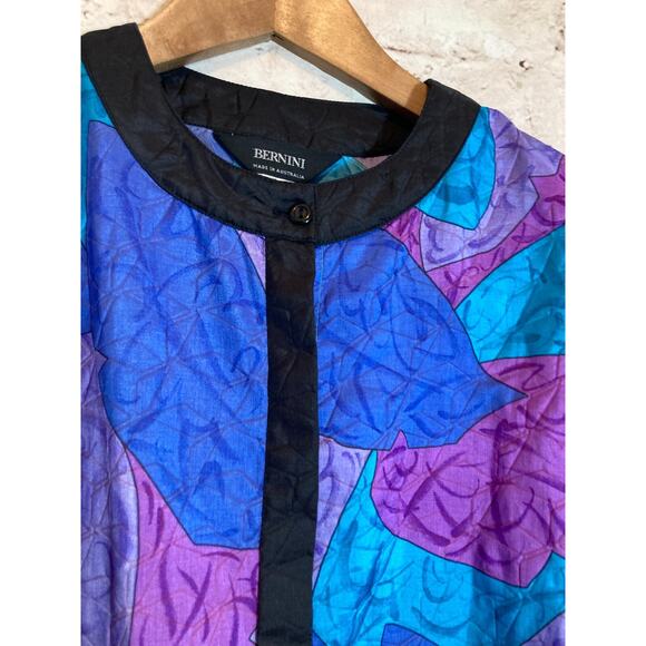 Vintage Bernini Top Womens 14 Cobalt & Purple Leaf Print Satin Button Front 80s - Picture 6 of 15
